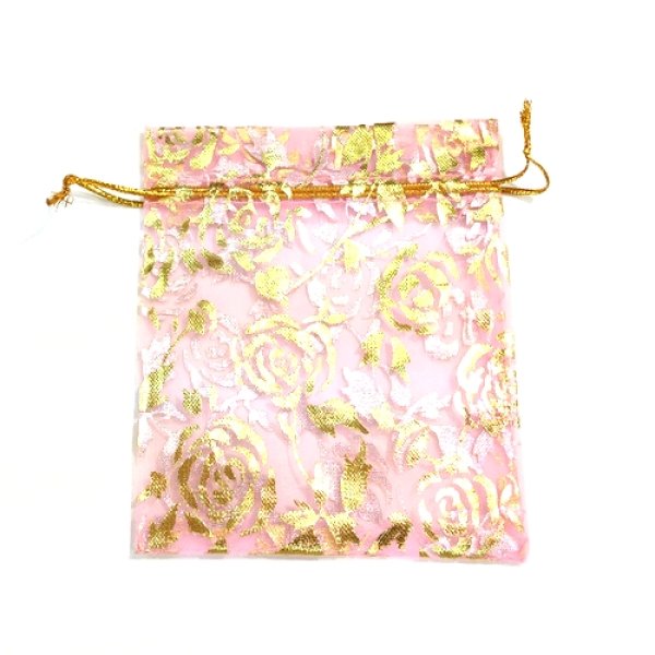 画像1: 袋　オーガンジー　薔薇柄　ピンク　大　10枚セット　　　　品番： 8286