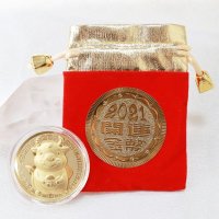 令和３年　丑（うし）　縁起メダル　福　円型　ゴールド　金貨　えんぎ　置物　お守り　品番：13167