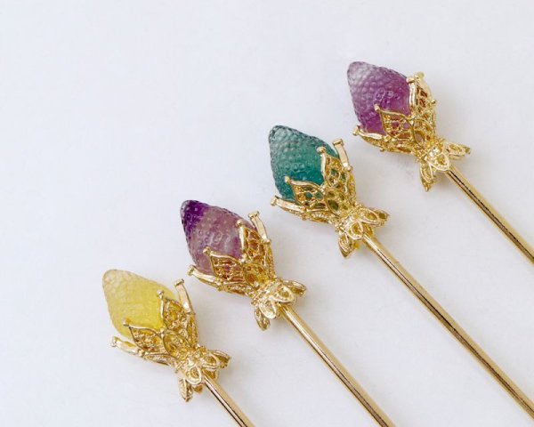 画像4: かんざし 原石 フローライト イチゴ ゴールド 癒し 浄化 天然石 品番: 15631