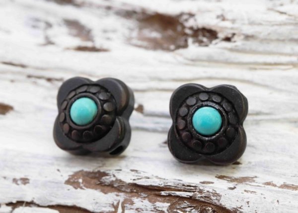 画像2: 【一粒売り】ウッドビーズ 花 フラワー 黒檀 エボニー フェイクターコイズ 約11.5mm  ※ポイント対象外 品番: 10482 (2)