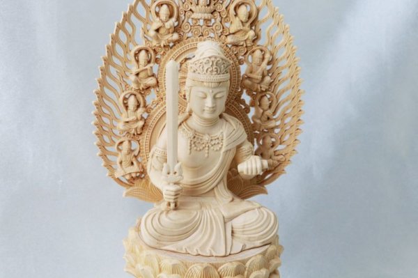 画像2: 置物 木彫り 八尊仏 文殊菩薩(もんじゅぼさつ)マンジュシュリー 智慧 明瞭 学業成就 ヒノキ 檜 品番:12512 (2)
