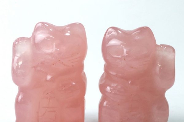 画像4: 置物 彫り物 招き猫 左右手 セット ローズクォーツ 小 まねきねこ 千万両 開運 金運 恋愛 美しさ 品番:13527 (4)