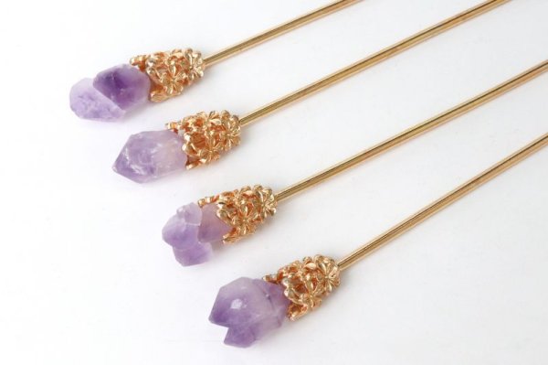 画像5: かんざし 原石 シリウスアメジスト ゴールド ヘアアクセサリー 花 2月誕生石 天然石 品番: 14115 (5)