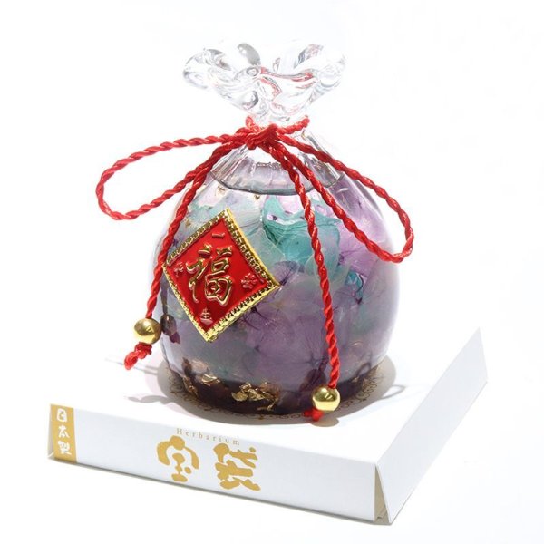 画像2: 【現品限り】置物　ハーバリウム　宝袋　パープル　ケース付き　縁起物　風水　プレゼント　金運　幸運　パワーストーン　天然石　品番：16021 (2)