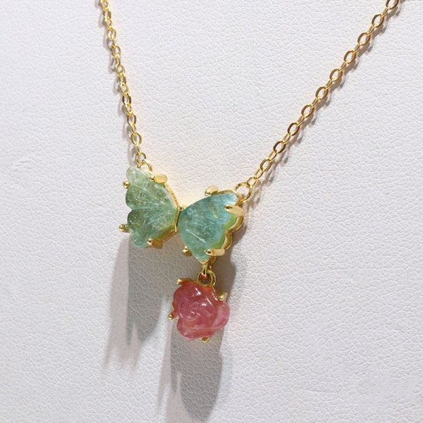 画像2: ネックレス トルマリン 蝶々 薔薇 ブラジル産 silver925 ゴールド 希望 幸運 調和 安定 パワーストーン 天然石 品番:16455 (2)