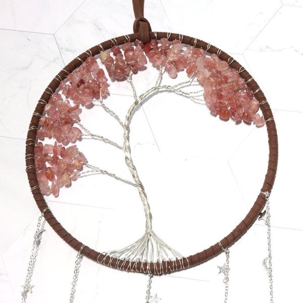 画像2: 壁掛け　ドリームキャッチャー　ストロベリークォーツ　魔除け　お守り　浄化　幸運　希望　パワーストーン　天然石　品番：17547 (2)