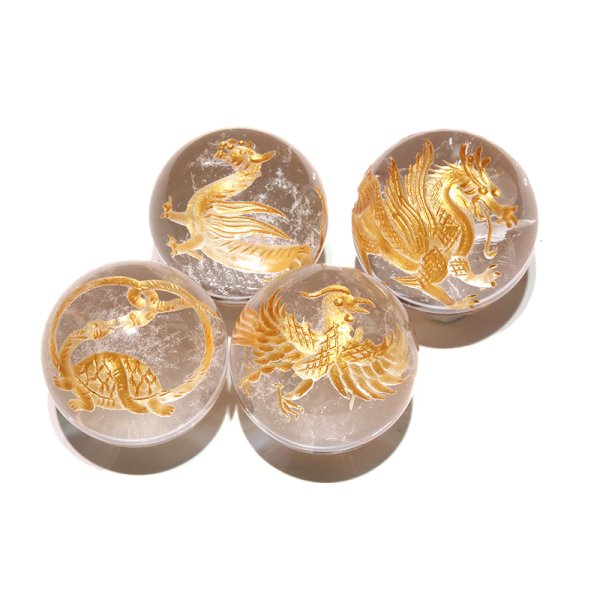 画像3: 置物　四神　水晶（金彫り）約30mm　セット　キトラ柄　風水　四神獣　青龍　白虎　朱雀　玄武　カービング　パワーストーン　天然石　品番：18354 (3)