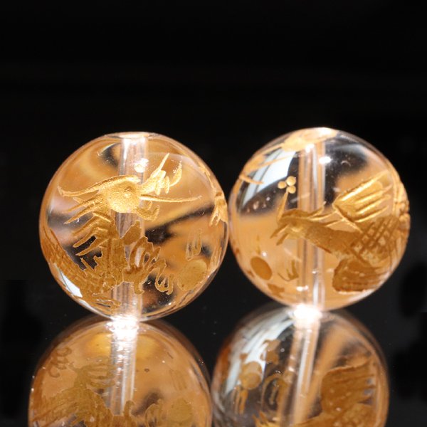 画像2: カービング 龍鳳 水晶(金彫り) 約14mm 風水 邪気払い 家庭円満 出世 商運 財運 パワーストーン 天然石 品番:18510 (2)