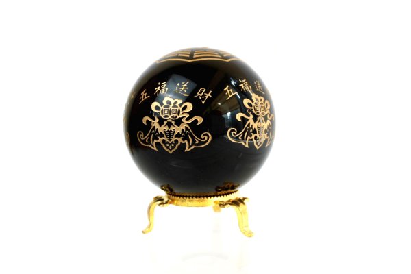 画像2: 丸玉 オブシディアン 八卦対極・五福送財金彫刻  品番: 6726 (2)