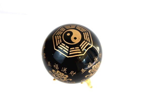 画像3: 丸玉 オブシディアン 八卦対極・五福送財金彫刻  品番: 6726 (3)